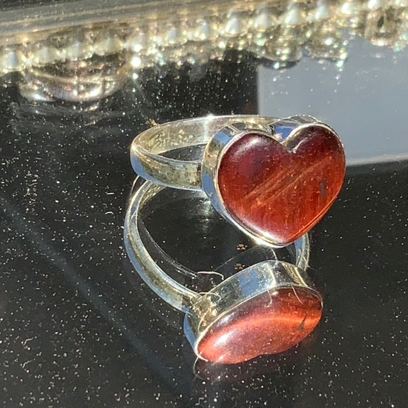 NATURAL RED TIGERS EYE HEART 925 STERLING SILVER RING, SIZE 10 - Picture 2 of 9